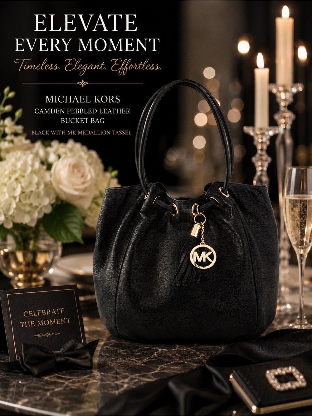 Michael Kors Camden Pebbled Leather Bucket Bag Black with MK Medallion Tassel
